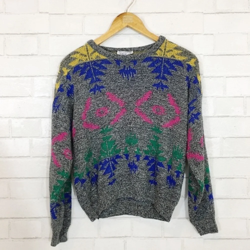 80s Vintage Gray Multi Color Patterned Slouchy Cozy Patterned Sweater